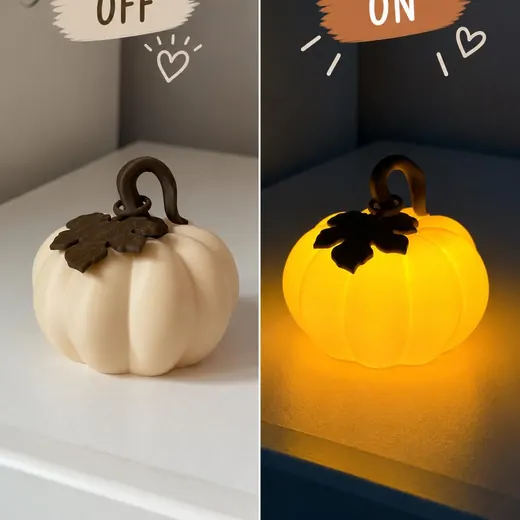 Cream pumpkin night light switched off and glowing yellow